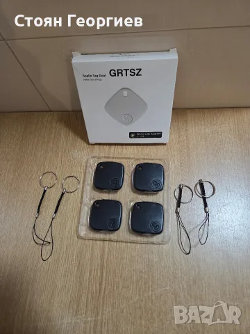 GRTSZ Sualio Tag Dual е комплект от 4 броя черни Bluetooth тракери за проследяване на вещи.