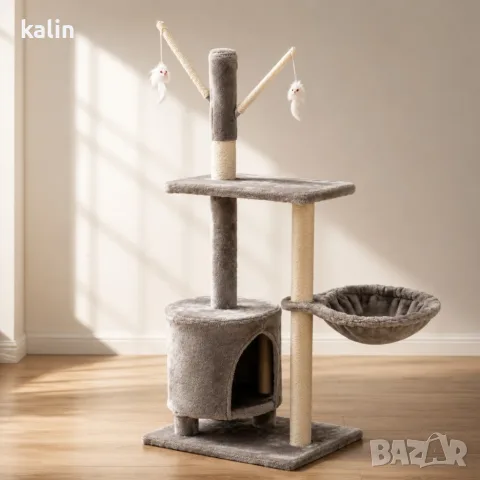 Голяма катерушка за котки XL - 4 нива с къщичка, хамак, легло и играчки
