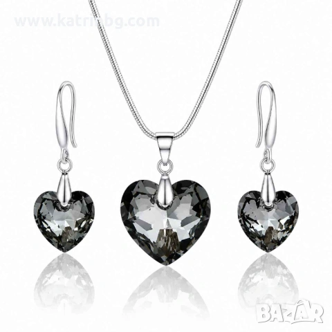 Комплект бижута с камъни Swarovski Silver Night – колие и висящи обеци сърце, снимка 2 - Бижутерийни комплекти - 54718566