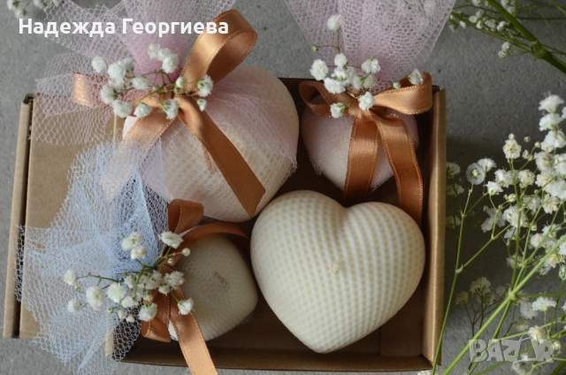 Подаръци за гости на погача, кръщене, рожден ден или друг повод. Ръчно изработени свещи сърце , снимка 3 - Декорация - 54895758