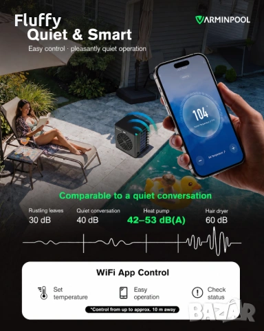 Нова Термопомпа за басейн 5.4 kW VARMINPOOL, отопление/охлаждане, WiFi, снимка 6 - Басейни и аксесоари - 54888601