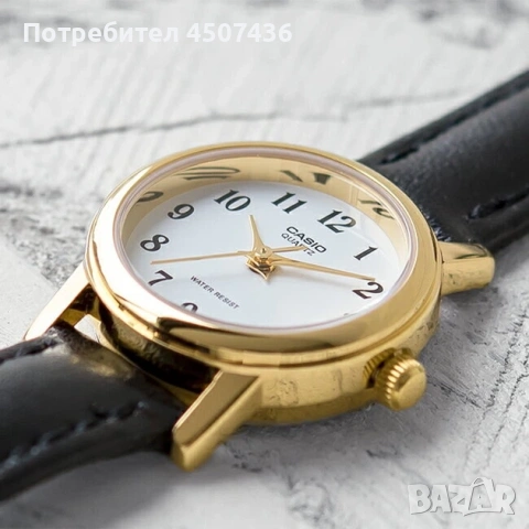 Дамски часовник Casio, черна кожена каишка, златен безел, LTP-1095Q-7B