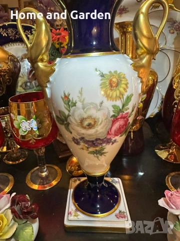 💎 A.K. Kaiser “Imperial” Echt Scharffeuer Kobalt – Колекционерска порцеланова ваза с лебеди, снимка 8 - Декорация за дома - 54026287