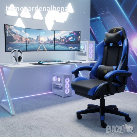Геймърски стол с масажна функция и поставка за крака – ергономичен, черно-син, снимка 5 - Столове - 54118376