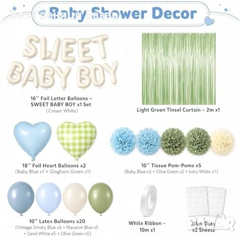 Нова Baby Shower Декорация Синьо Зелено Балони Помпони Парти Комплект момче Украса парти, снимка 2 - Други - 54718095