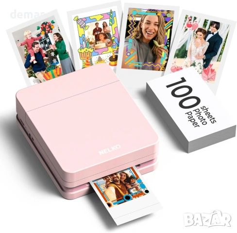 Преносим фотопринтер Nelko PP01 със 100 листа хартия и касета, розов