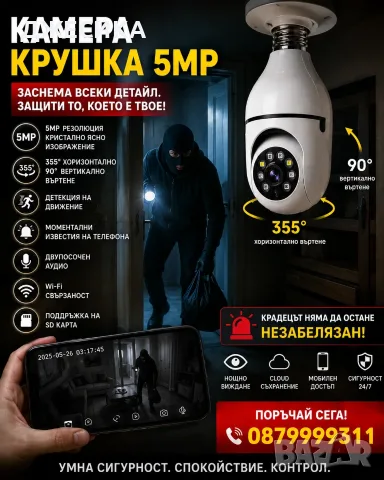Куполна камера Full HD 360° Крушка Camera скрита фасонка лед, снимка 5 - HD камери - 55539656