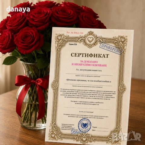 6657 Подарък за влюбени Любовен сертификат, оригинален подарък грамота, A4