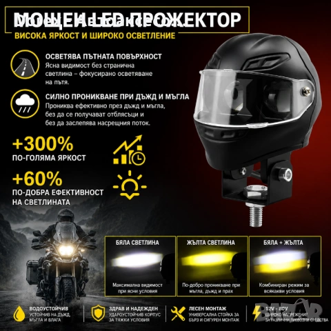 LED халоген за мотоциклет 12V-80V бяла и жълта светлина, снимка 5 - Аксесоари и консумативи - 54852588