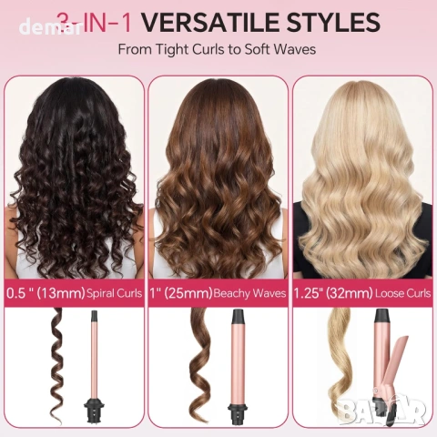 Комплект маша за коса 3 в 1 със сменяеми керамични цилиндри, 14 температурни настройки, снимка 2 - Маши за коса - 54064462