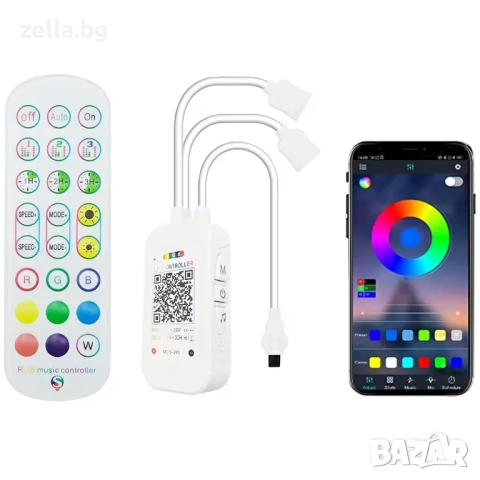 Smart WiFi RGB LED контролер Tuya, дистанционно с 24 бутона, димер, музикален и гласов контрол 10332