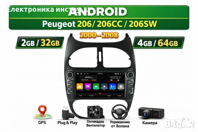 7" Android Мултимедия за Peugeot 206 / 206CC / 206SW (2000–2008)