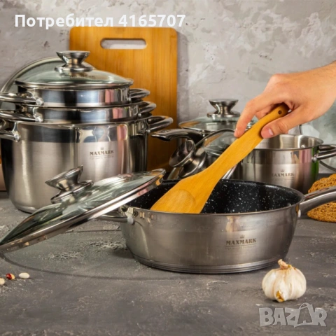 Комплект съдове за готвене Maxmark 12 части от неръждаема стомана – тенджери, касерола и тиган, снимка 2 - Съдове за готвене - 54477630