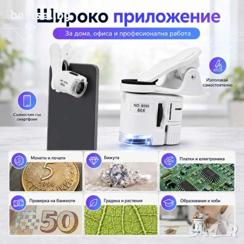 Лупа микроскоп UV лед осветление увеличение 60Х телефон макро обектив, снимка 3 - Други инструменти - 29016954