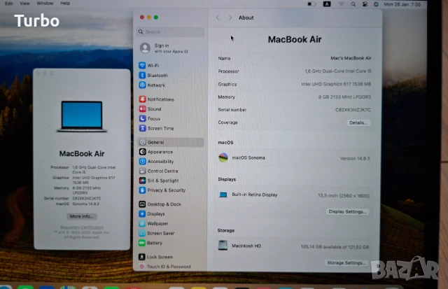 13.3' Apple MacBook Air 13.3 2018 Retina Intel Core i5/ 8GB RAM/128GB SSD/Бат.4ч., снимка 4 - Лаптопи за работа - 54059863