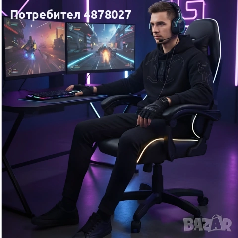 Геймърски стол премиум LED: Ергономичен комфорт със 7 цвята светлинни ефекти и релакс зона, снимка 6 - Столове - 55202278