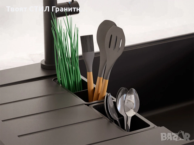 Черна кухненска мивка от гранит Копенхаген 780x500 SmartSpace Top 60, снимка 6 - Мивки - 54463612