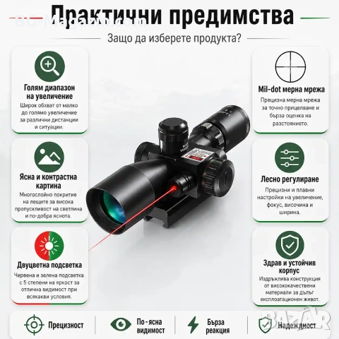 Оптически тактически прицел 2.5x-10x бързомер мерник за пушка оръжие лов еърсофт с лазер бързомерец, снимка 4 - Оборудване и аксесоари за оръжия - 51051362