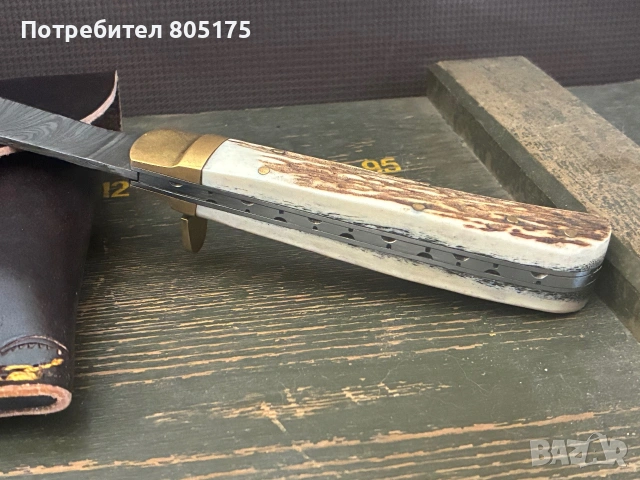 Автоматичен ловен нож. Еленов рог дамаска стомана, снимка 5 - Ножове - 55243509