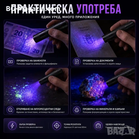 Малък акумулаторен мощен UV фенер 365nm с черен филтър ув фенерче лампа за камък смола урина силен, снимка 4 - Къмпинг осветление - 51027895