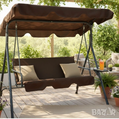 Градинска люлка A-Type с бежови възглавници и поставки за напитки - елегантност и комфорт