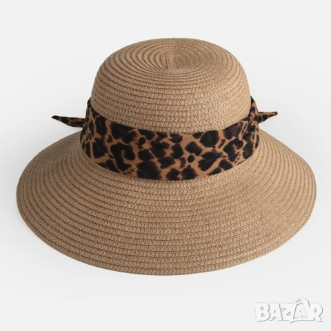 Дамска сламена шапка кафява с animal print лента_1261255, снимка 2 - Шапки - 54904729