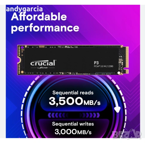  1000GB Crucial P3 Gen4 1TB PCIe NVMe SSD скрост четене/запис 3500 и 3200 mb/sec ДИСК disk laptop 