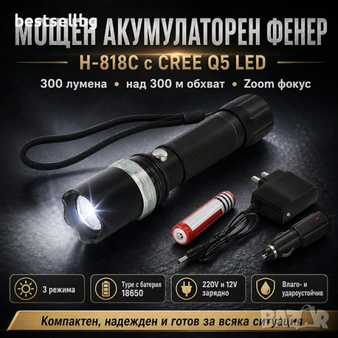 Акумулаторен фенер CREE Q5 LED с фокус батерия 18650 зарядни 220V и 12V