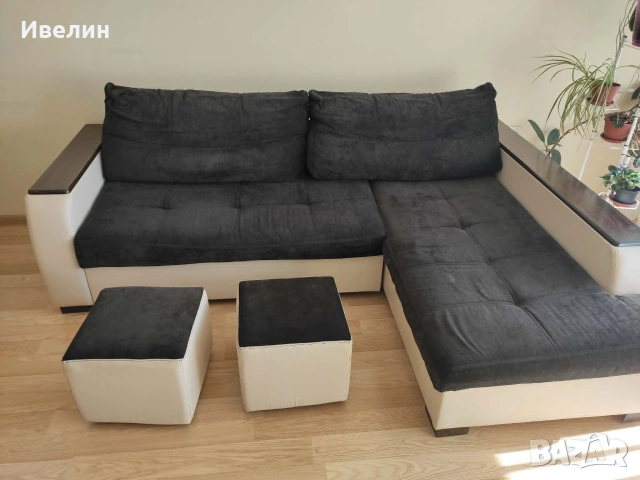 Разтегателен диван с 2 табуретки, снимка 6 - Дивани и мека мебел - 55229384