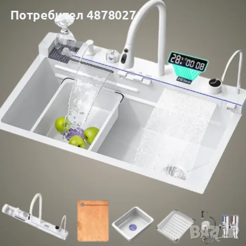 Умна кухненска мивка с изтеглящ се кран – LED дисплей, водопад, филтрирана вода и пълен комплект за , снимка 4 - Мивки - 55325728
