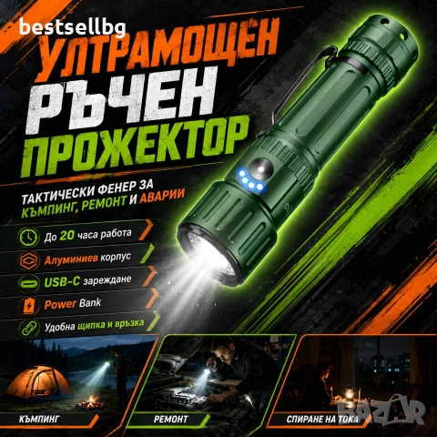 Мощен тактически акумулаторен фенер YEMAO 5080 лумена 3x KX50 LED USB-C Power Bank един бутон, снимка 9 - Къмпинг осветление - 55154537