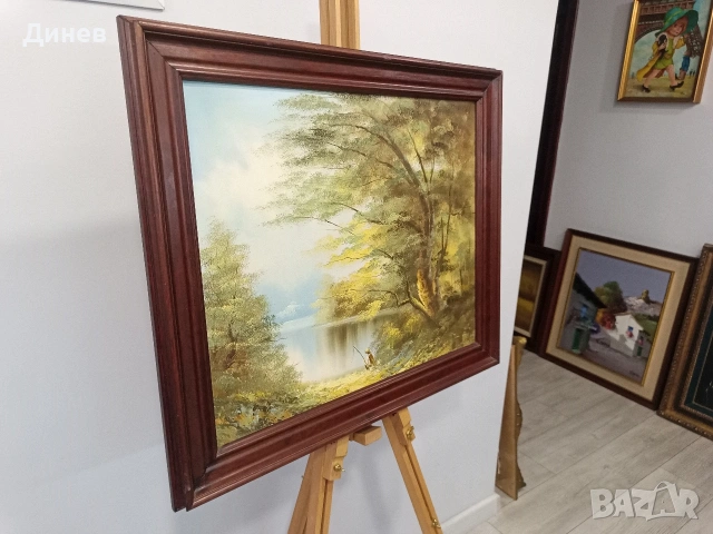 „Спокойствие край езерото“ – Авторска маслена живопис в масивна рамка, снимка 2 - Картини - 53966492