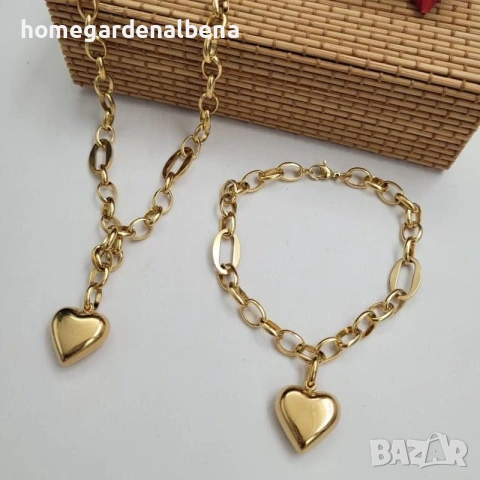 Дамски комплект колие и гривна сърце медицинска стомана 18К златно покритие