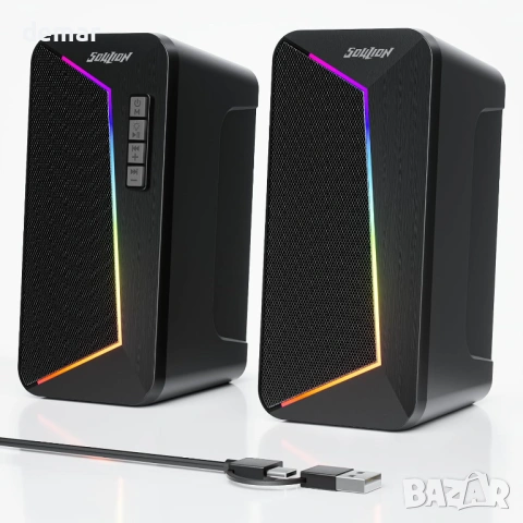 SOULION компютърни високоговорители, USB C/USB захранвани, цветна LED светлина, стерео 2.0