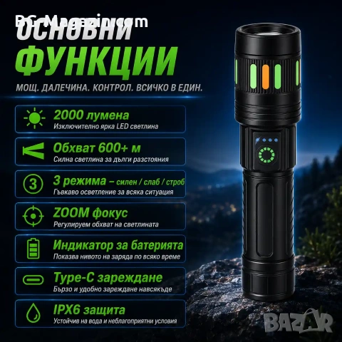 Мощен акумулаторен лазерен LED фенер далекобоен тактически ръчен прожектор водоустойчив USB къмпинг, снимка 2 - Къмпинг осветление - 51178874