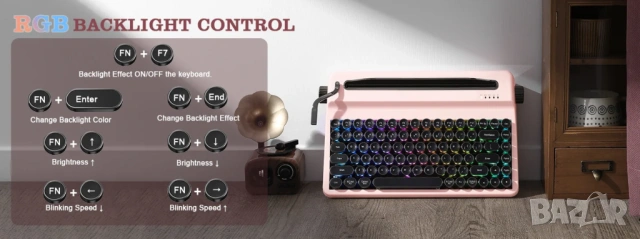 YUNZII QL75 Retro Typewriter Mechanical Keyboard –безжична механична клавиатура в стил пишеща машина, снимка 9 - Клавиатури и мишки - 54556457