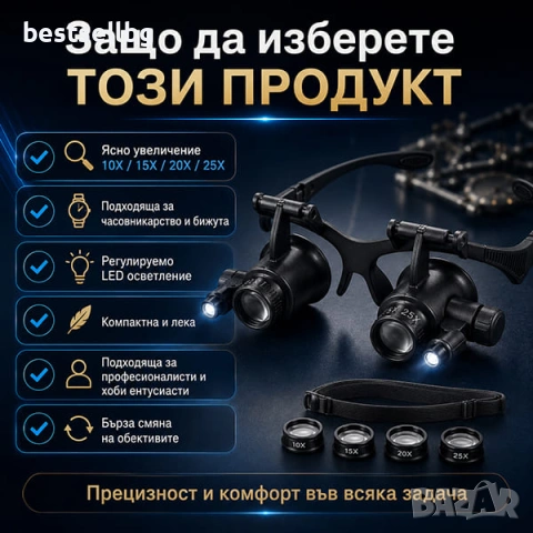 Часовникарска лупа за глава тип очила с LED осветление лампа голямо увеличение сменяеми лещи часовни, снимка 4 - Други инструменти - 13134539