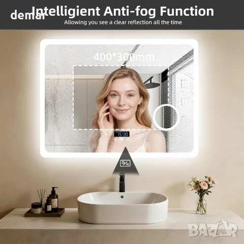 LUVODI Огледало за баня с LED осветление: 800x600 мм стенно огледало с Bluetooth, снимка 6 - Огледала - 55500131