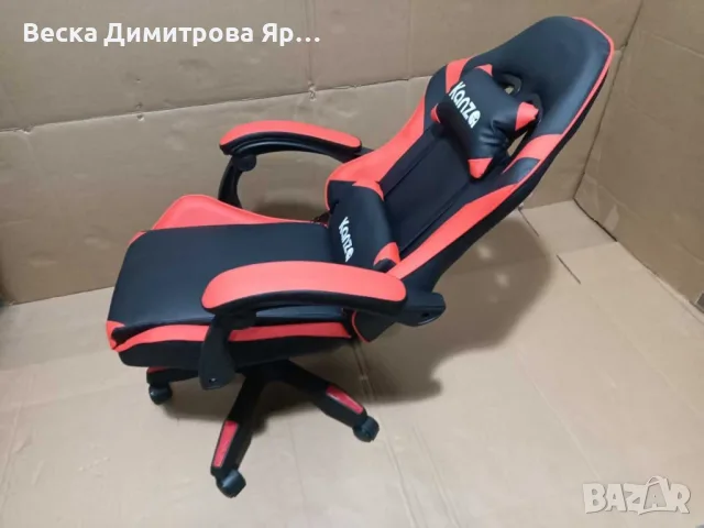 Удобен геймърски стол с поставка за крака и масажна лумбална възглавница, Черно-червен, снимка 4 - Геймърски - 55320629