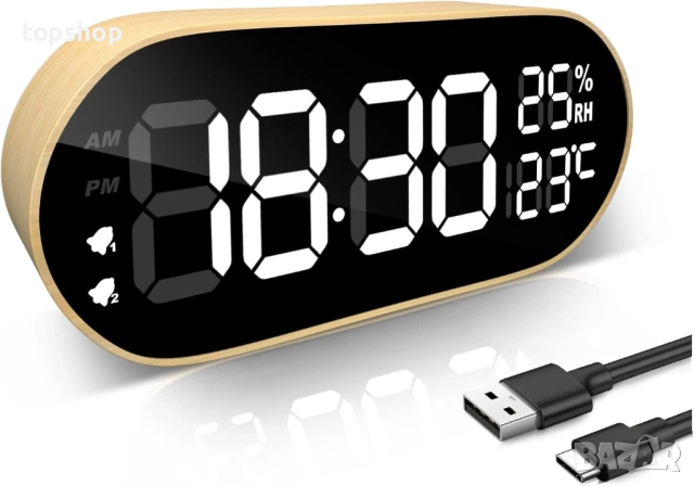 Нов запечатан дигитален LED будилник HINREY – Еко дървесен дизайн, Термометър и Влагомер  