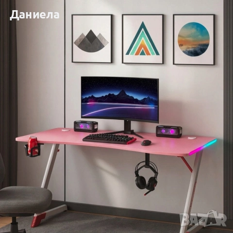 Розово геймърско бюро 120см с RGB LED осветление, Карбонов плот и Стоманена конструкция, снимка 7 - Други стоки за дома - 54696809