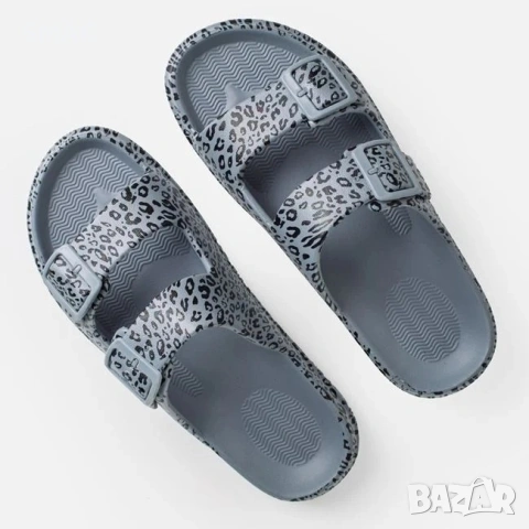 Дамски чехли с катарама сиви animal print с двойна каишка_1261955
