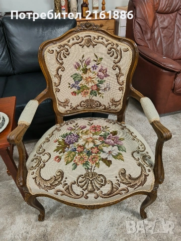 Комплект от две дъбови кресла с дърворезба и   гобленова дамаска , снимка 3 - Столове - 54100221