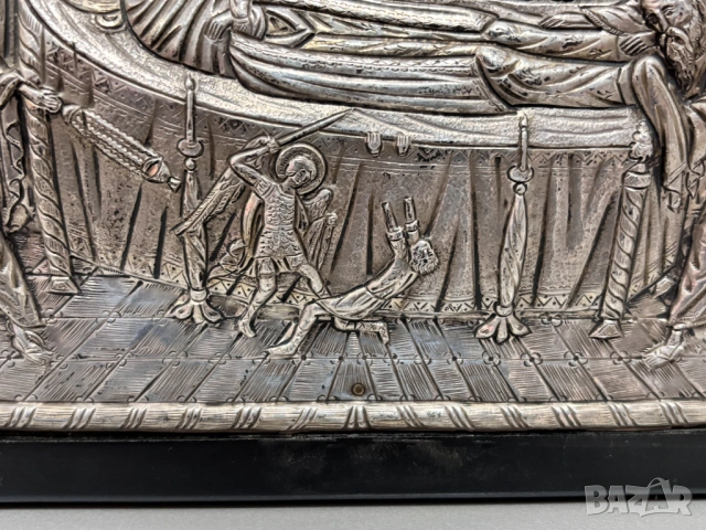 Стара Гръцка Релефна Сребърна Икона на Успение Богородично "Η ΚΟΙΜΗCΙC ΤΗC ΘΚΟΥ", снимка 8 - Икони - 54366408