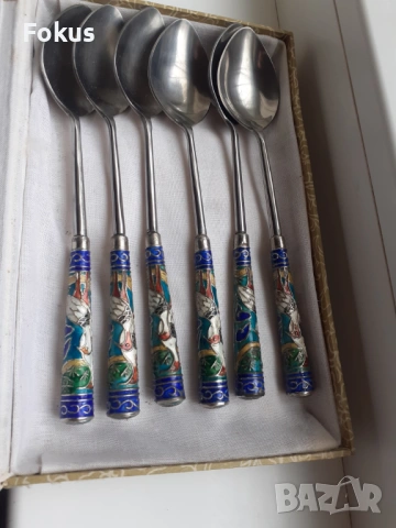 Комплект антикварни лъжички с клетъчен емайл - клоазоне, снимка 3 - Антикварни и старинни предмети - 53964972