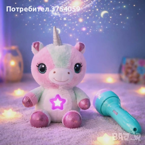 Плюшена играчка с нощна лампа 2в1 + детски фенер-проектор със светлинни картинки – комплект за уют и