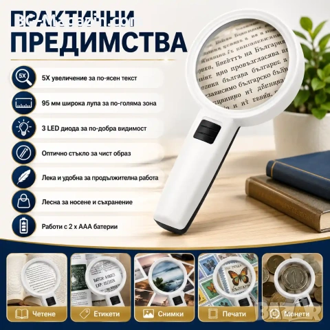 Увеличителна стъклена ръчна лупа с LED осветление дръжка за четене на книга вестник 5X увеличение, снимка 2 - Други инструменти - 50920083