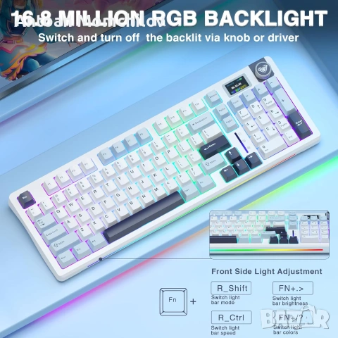Механична клавиатура AULA S98 Pro White&Blue RGB дисплей, снимка 3 - Клавиатури и мишки - 55034931