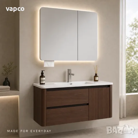 Луксозен шкаф за баня от масивно дърво 2801 (Walnut Balance) със заоблен дизайн и смарт огледало, снимка 4 - Шкафове - 55480754