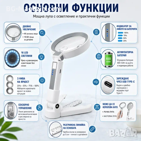 Акумулаторна ръчна увеличителна лупа с LED осветление USB зареждане за четене 4X увеличение и скала, снимка 3 - Други инструменти - 53032303